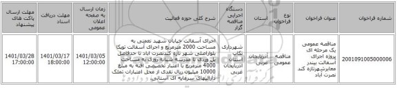 مناقصه عمومی یک مرحله ای پروژه اجرای آسفالت بیندر معابرشهرتازه کند نصرت آباد
