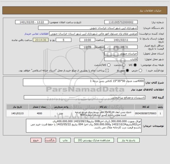استعلام 4000عدد جدول 50*35*15 کانالی بتنی درجه 1