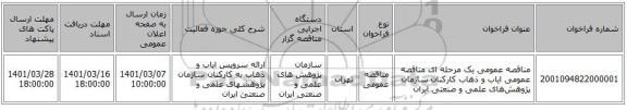 مناقصه عمومی یک مرحله ای مناقصه عمومی ایاب و ذهاب کارکنان سازمان پژوهش‌های علمی و صنعتی ایران
