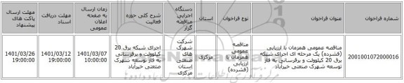 مناقصه عمومی همزمان با ارزیابی (فشرده) یک مرحله ای اجرای شبکه برق 20 کیلوولت و برقرسانی به فاز توسعه شهرک صنعتی خیرآباد