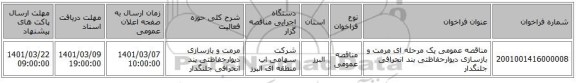 مناقصه عمومی یک مرحله ای مرمت و بازسازی دیوارحفاظتی بند انحرافی جلنگدار