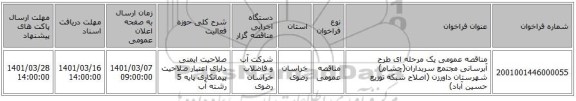 مناقصه عمومی یک مرحله ای طرح آبرسانی مجتمع سربداران(چشام)  شهرستان داورزن (اصلاح شبکه توزیع حسین آباد)