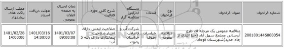 مناقصه عمومی یک مرحله ای طرح آبرسانی مجتمع سهل آباد (خط انتقال از چاه جدید)شهرستان قوچان 