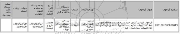 فراخوان ارزیابی کیفی خرید سیم هادی و محافظ هوایی خط 63 کیلوولت تغذیه پست شهرک صنعتی قرچک و خط 63 کیلوولت صفادشت - کوثر