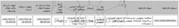 مناقصه عمومی دو مرحله ای اجرای تعمیرات ساختمان کتابخانه عمومی شهید باهنر شمیرانات