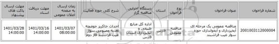 مناقصه عمومی یک مرحله ای آبخیزداری و آبخوانداری حوزه سوار غیب فراشبند