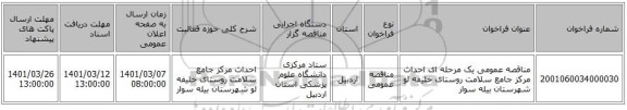 مناقصه عمومی یک مرحله ای احداث مرکز جامع سلامت روستای خلیفه لو شهرستان بیله سوار