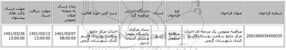 مناقصه عمومی یک مرحله ای احداث مرکز جامع سلامت روستای قاسم کندی شهرستان گرمی 