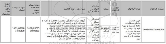 خرید خدمات مشاوره مطالعات جامع مدیریت و تهیه طرحهای راهبردی مدیریت بحران در مجموعه میراث جهانی بازار تاریخی تبریز