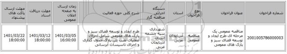 مناقصه عمومی یک مرحله ای طرح ایجاد و توسعه فضای سبز و پارک های عمومی