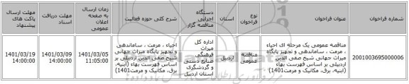 مناقصه عمومی یک مرحله ای احیاء ، مرمت ، ساماندهی و تجهیز پایگاه میراث جهانی شیخ صفی الدین اردبیلی بر اساس فهرست بهاء (ابنیه، برق، مکانیک و مرمت1401)