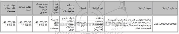 مناقصه عمومی همزمان با ارزیابی (فشرده) یک مرحله ای حصار کشی و کارهای باقیمانده ابنیه تصفیه خانه فاضلاب روستای وار شهرستان خوی 