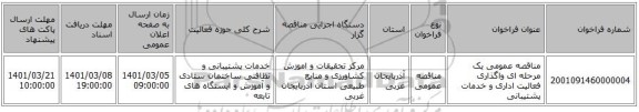 مناقصه عمومی یک مرحله ای واگذاری فعالیت اداری و خدمات پشتیبانی