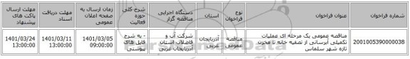 مناقصه عمومی یک مرحله ای عملیات تکمیلی آبرسانی از تصفیه خانه تا مخزن تازه شهر سلماس