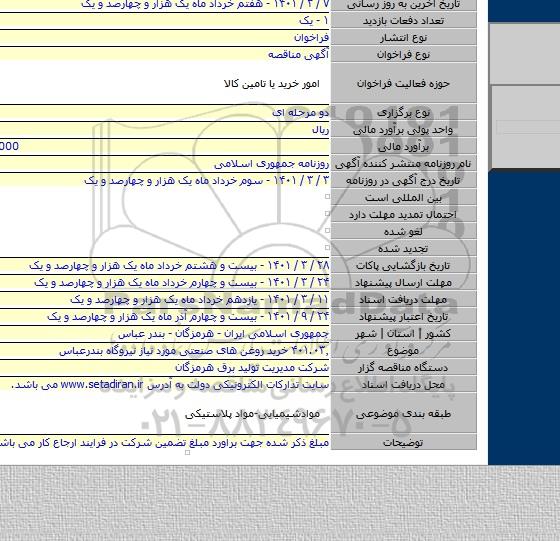 ۴۰۱.۰۳٬ خرید روغن های صنعتی مورد نیاز نیروگاه بندرعباس