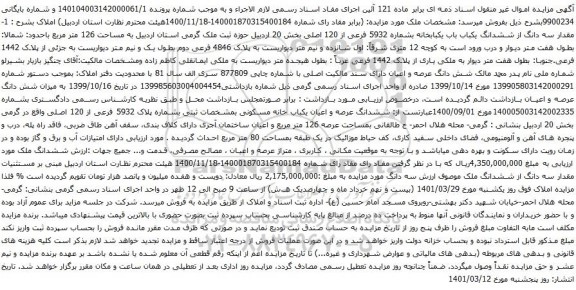 آگهی مزایده  مقدار سه دانگ از ششدانگ یکباب باب یکبابخانه بشماره 5932 فرعی از 120 اصلی بخش 20