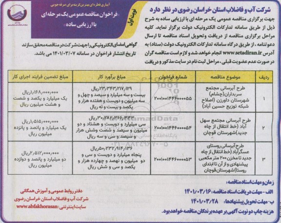 مناقصه طرح آبرسانی 
