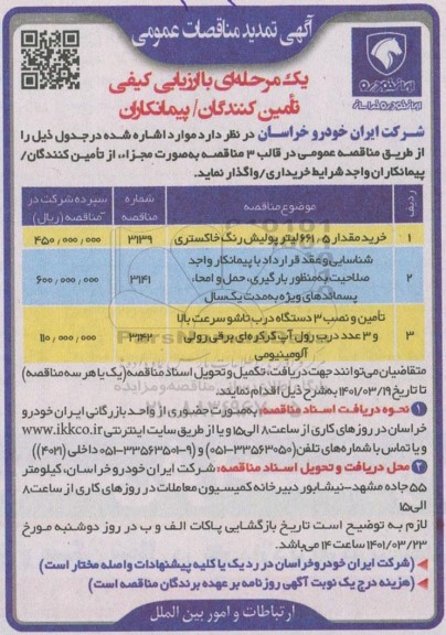 تمدید مناقصه مقدار 661.5 لیتر پولیش رنگ خاکستری و...