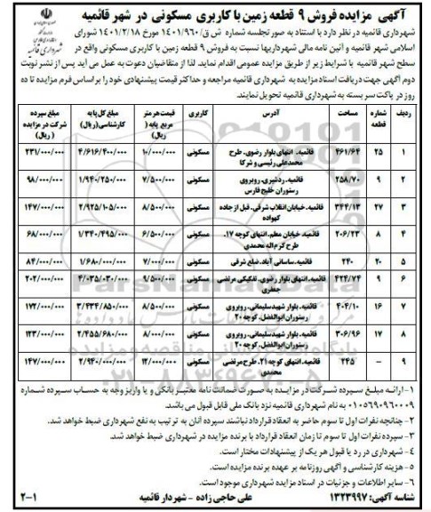 مزایده فروش 9 قطعه زمین با کاربری مسکونی