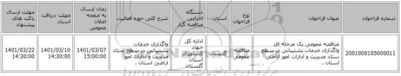 مناقصه عمومی یک مرحله ای واگذاری خدمات پشتیبانی در سطح ستاد مدیریت و ادارات امور اراضی استان .