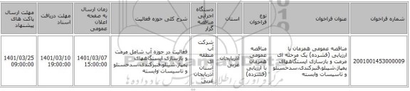 مناقصه عمومی همزمان با ارزیابی (فشرده) یک مرحله ای مرمت و بازسازی ایستگاههای پمپاژ،شیبلو،قنبرکندی،سدحسنلو و تاسیسات وابسته