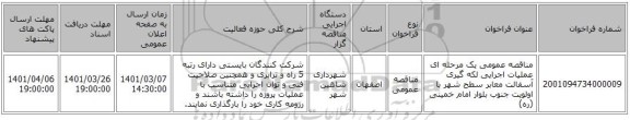 مناقصه عمومی یک مرحله ای عملیات اجرایی لکه گیری آسفالت معابر سطح شهر با اولویت جنوب بلوار امام خمینی (ره)
