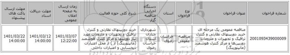 مناقصه عمومی یک مرحله ای خرید دوربینهای نظارتی و کنترل ترافیک و تجهیزات و ملزومات دوربین‌ها و مرکز کنترل هوشمند (مانیتورینگ)