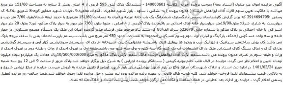 آگهی مزایده ششدانگ پلاک ثبتی 595 فرعی از 4 اصلی بخش 2