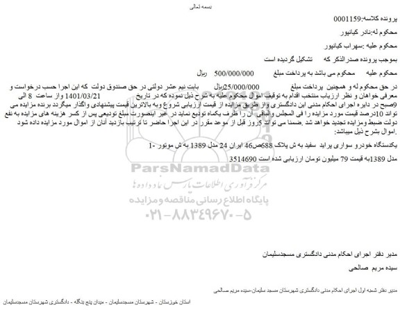 مزایده فروش 1-یکدستگاه خودرو سواری پراید  سفید  