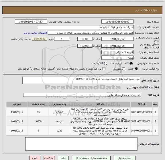 استعلام مواد نسوز کوره طبق لیست پیوست -خرید 101328-104991