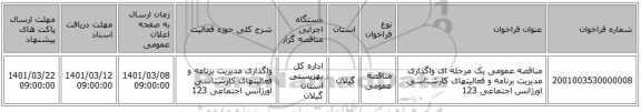 مناقصه عمومی یک مرحله ای واگذاری مدیریت برنامه و فعالیتهای کارشناسی اورژانس اجتماعی 123