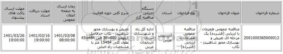 مناقصه عمومی همزمان با ارزیابی (فشرده) یک مرحله ای تعریض و بهسازی محور شاهنیدژ - تکاب