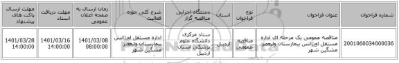 مناقصه عمومی یک مرحله ای اداره مستقل اورژانس بیمارستان ولیعصر مشگین شهر