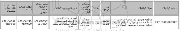 مناقصه عمومی یک مرحله ای خرید خدمات تخصصی مراکز دفتر امور آسیب دیدگان سازمان بهزیسنی استان یزد