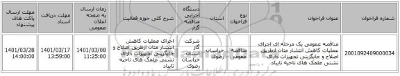 مناقصه عمومی یک مرحله ای اجرای عملیات کاهش انتشار متان ازطریق اصلاح و جایگزینی تجهیزات دارای نشتی علمک های ناحیه تایباد
