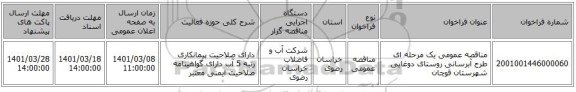 مناقصه عمومی یک مرحله ای طرح آبرسانی روستای دوغایی شهرستان قوچان 