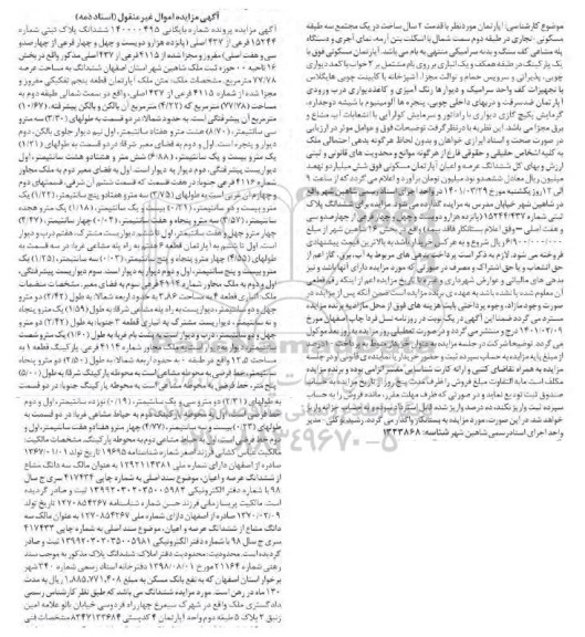 مزایده فروش ملک آپارتمان به مساحت 77/78 مترمربع