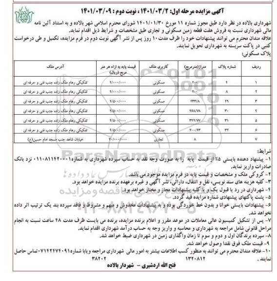 مزایده فروش هفت قطعه زمین مسکونی و تجاری - نوبت دوم