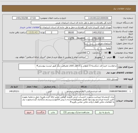 استعلام درخواست خرید قند شکسته 5 کیلوئی و 15قلم کالای مصرفص دیگر طبق لیست پیوستی#