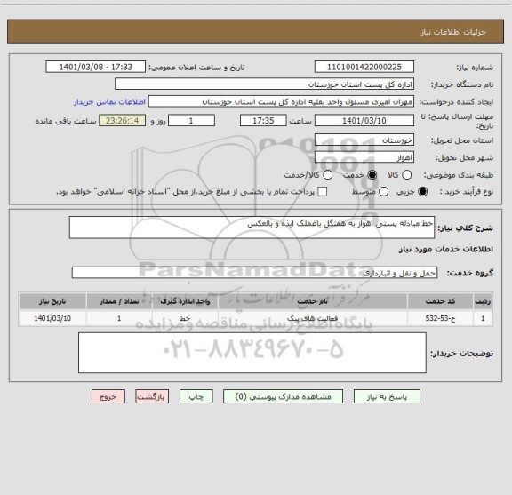 استعلام خط مبادله پستی اهواز به هفتگل باغملک ایذه و بالعکس