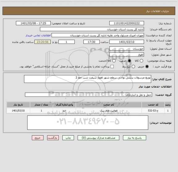 استعلام توزیع مرسولات پستی نواحی سطح شهر اهواز شیفت شب خط 2