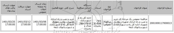مناقصه عمومی یک مرحله ای خرید و نصب و راه اندازی تجهیزات نظارت تصویری اداره کل راه و شهرسازی و شهرستانهای تابعه