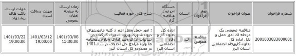 مناقصه عمومی یک مرحله ای امور حمل و نقل اداره کل تعاون،کارورفاه اجتماعی استان البرز
