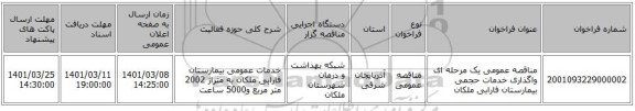 مناقصه عمومی یک مرحله ای واگذاری خدمات حجمی بیمارستان فارابی ملکان