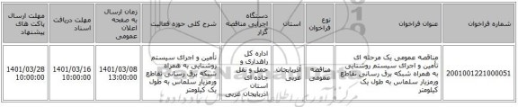 مناقصه عمومی یک مرحله ای تأمین و اجرای سیستم روشنایی به همراه شبکه برق رسانی تقاطع ورمزیار سلماس به طول یک کیلومتر ‏‏‏‏