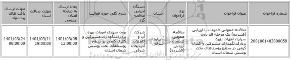 مناقصه عمومی همزمان با ارزیابی (فشرده) یک مرحله ای برون سپاری امورات بهره برداری،نگهداری،مشترکین و کنترل کیفی در سطح روستاهای تحت پوشش شمال استان