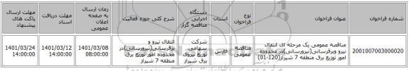 مناقصه عمومی یک مرحله ای انتقال نیرو وبرقرسانی(نیرورسانی)در محدوده امور توزیع برق منطقه 7 شیراز(120-01)