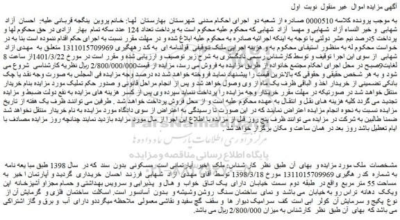 مزایده آپارتمان  با کاربری مسکونی به مساحت 55 متر مربع