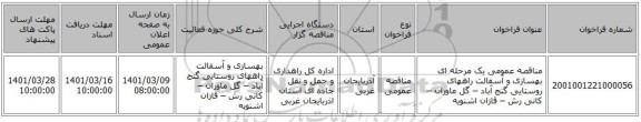 مناقصه عمومی یک مرحله ای بهسازی و آسفالت راههای روستایی گنج آباد – گل ماوران – کانی رش – قازان اشنویه