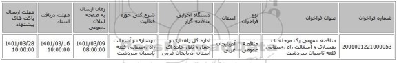مناقصه عمومی یک مرحله ای بهسازی و آسفالت راه روستایی قلعه تاسیان سردشت